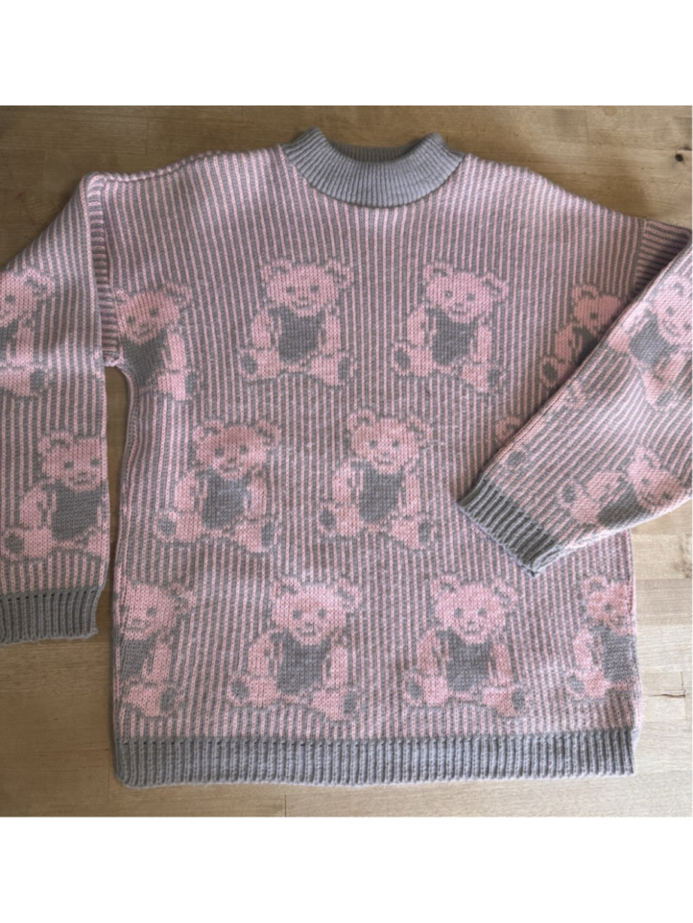Vintage 1980s Adele Pink and Gray Knit Teddy Bear Sweater